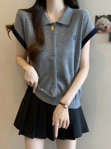 Ice Silk Knitted Short Sleeve Polo Neck T-Shirt Women Summer plus Size Slimming Base Shirt Comfortable Breathable Casual Top
