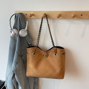 Retro Suede Bucket Tote Bag Womens Large Capacity Luxury Minimalist High-End Feelings Chain Strap Handbag Korean Style