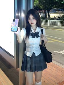 Pure White Short Sleeve Shirt Waist Cinched Summer School Style Womens Slim Fit Blouse Skirt Set Original Design Fashionable