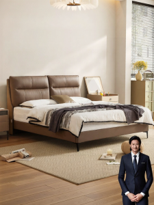 High-end Leather Double Bed for Master Bedroom Soft-packed Wedding Bed