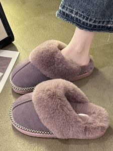 Womens Winter Indoor Home Thick Bottom Fluffy Slippers Comfortable Soft Velvet Roman Style Flat Heel Low Heel Pure Color
