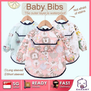 EmmAmy® Baby Cartoon Bibs Waterproof Infant Feeding Bib with Pocket Kids Drawing Short /Long Sleeve Apron Kids Burp Cloth