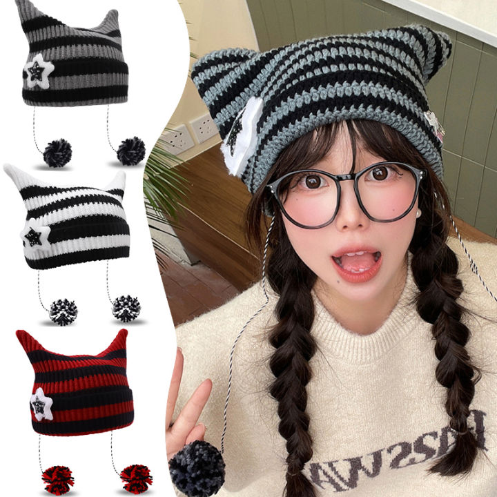 New Cute Devil Knitting Striped Beanie Hat Autumn Winter Y2K Knitted Wool  Caps Girls Cat Ear Pointed Pullover Women Bonnet Hats | Lazada PH