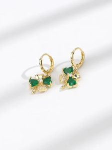 GL 18K gold  Korean Green four leaf grass crystal temperament ear clasp long Earrings ES6270