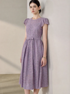 Roey s house | Lace Flared Midi Dress with Puff Sleeves and Ties