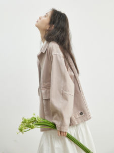 Washed Denim Jacket Medium Length Turn-down Collar Top Cotton 100% Spring Season Single Button Closure Pure Color Womens Outerwear