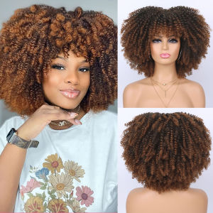 Tereshar Synthetic Short Curly Wigs for Black Women Afro Wig With Bangs Short Afro Kinky Curly Wig for Daily Party Wear