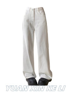 สูง เอว ขากว้าง กางเกงยีนส์ ผู้หญิง หลวม ฟิตติ้งสลิมตรง กางเกงขายาว ฤดูร้อน สีขาว ล้างวินเทจ เดนิม กางเกงขายาว