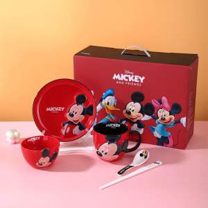 Set Quà Tặng 5 Món Bộ Đồ Ăn Bằng Sứ Cao Cấp Ly Chén Dĩa Muỗng Đũa in Hoạt Hình Disney. Set Hộp Quà Tặng Chính Hãng Graby