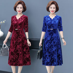 Váy Midi Lụa Nhung in Hoa Thời Trang Xuân Mới Cao Cấp Phụ Kiện Áo Khoác Che Bụng Cho Phụ Nữ Trung Niên Đi Làm
