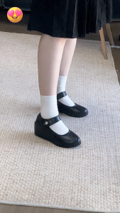 Falimottype)Size 35-40 Womens Thick Heels Leather School Student Shoes Velcro Middle Heel Nurse Shoes Black Wedge Sandal