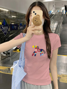 Pink Pure Cotton Short Sleeve T-Shirt Womens round Neck Slim Fit Summer Colorful Horse Print Top Versatile Korean Style Commute