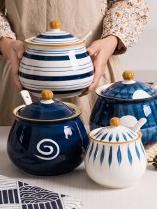 ขวดเกลือและพริก ถ้วยเกลือและพริกสำหรับครัว วัสดุเซรามิก ทนความร้อนสูง ปิดฝา มีฝาครอบ ใช้กับน้ำมันหมูและเครื่องปรุงรส สำหรับใช้ในครัว