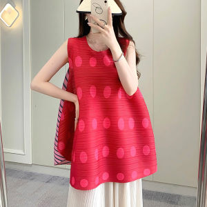Loose plus Size Sleeveless Womens T-Shirt Summer New Design Pleated Striped Vest Thin Polyester round Neck Mid-Length Top