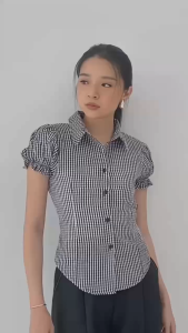 ALOHA Kelly Puff Top Fitted 8022 | Kemeja Wanita Slimfit Kotak Kotak Lengan Pendek Karet Korean Y2k