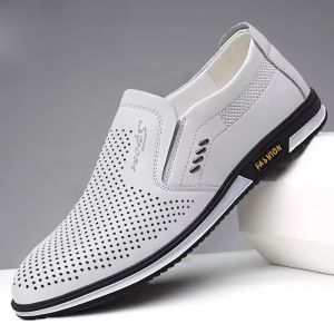 New Hollow out Mens Shoes Leather Summer Mens Casual Shoes British Style White Slip-On Leather Shoe Covers round Toe PVC Sole