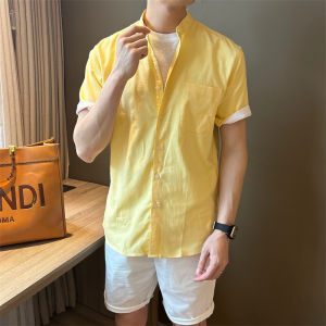 Mr. NR Korean Style Short Sleeve New Chinese Stand Collar Pure Color Linen Casual Shirt Breathable Fabric Mens Spring Summer Shirt