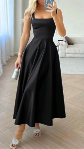 Women Fashion Soid Color Sleeveless Square Neck Elegant Satin Maxi Dress L7002