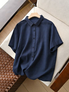 XIAOMENG | Old Money Vintage Short Sleeve Blue Cotton Casual Loose Summer Blouse