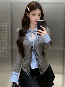 GUZILIAN | Spring Sweet and Spicy Korean Style Faux Two-Piece Collage Long Sleeve Shirt School Uniform Style