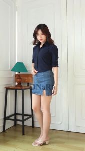 DNaRa - Fuji Kemeja Crop Top Korean Style Kemeja Wanita Lengan Panjang Bahan Stretch