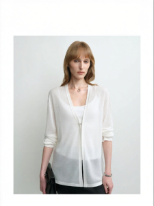 White Silk Copper Ammonia Silk V-Neck Metal Button Knit Cardigan