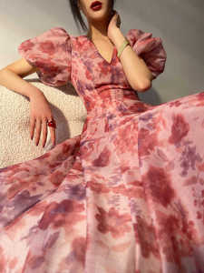 Alisa.Sonya (SIZE UP)Womens Romantic French Print Dress A-line Skirts Light Luxury Senior Beaded Dress MIDI Skirt