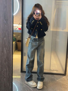 American Retro High Waist Drapey Straight Leg Denim Jeans Womens Spring Autumn New Loose Slimming Wide Leg Floor-Length Pants