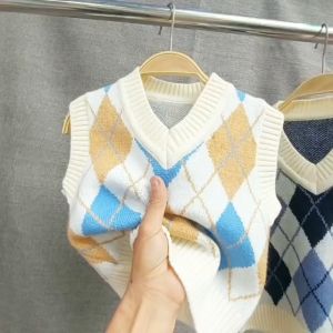 Áo gile len cho bé Gile len bé trai 1-7 tuổi cổ tim và cổ tròn phong cách Hàn Quốc sợi không bai xù