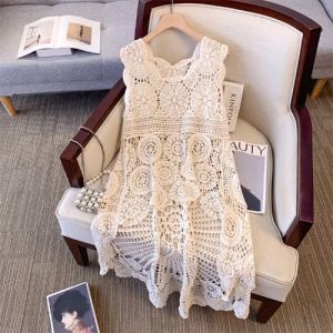 French Lace Hollow Knitted Vest Women Summer Large Size Fat MM Irregular Long Outer Shirt Sleeveless Top Commute Style Loose Fit