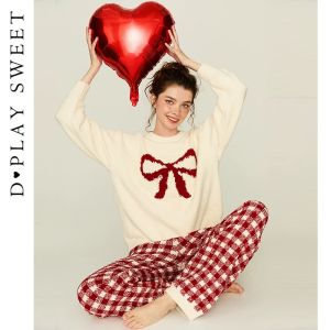 Warm Fluffy Bow Detail Home Wear Set