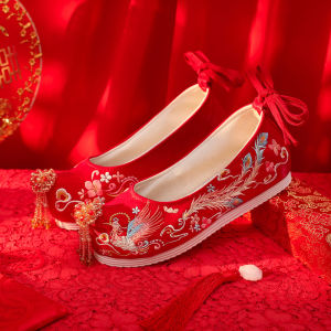JIFANPAUL | Red Crystal Bead Wedding Shoes with Inner Heel and Embroidery for Chinese Traditional Wedding