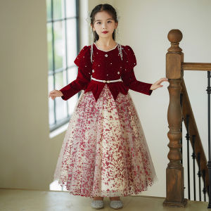 ชุดเจ้าหญิงผ้ากำมะหยี่สีแดง ชุดการแสดงนักเรียน ชุดเดินแบบ เด็กผู้หญิง แฟชั่นเด็ก งานปาร์ตี้ ชุดเดรสฤดูใบไม้ผลิ 2024