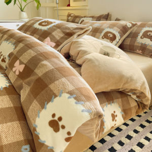 Cat Person 2025 New Cartoon Milk Velvet Four-Piece Set Winter Thickened Coral Velvet Bedding Duvet Cover Sheet Set Bedding