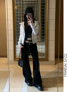 กางเกงยีนส์ทรงขาบานสีดำ ทรงหลวม ทรงสลิมฟิต ทรงยาว ทรงเอวต่ำ กางเกงขายาวทรงขาบานสำหรับผู้หญิงในฤดูใบไม้ร่วง