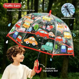 QU RAN | Translucent Lightweight Cartoon Car Design Children Long Handle Umbrella