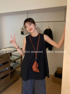 French Style Black round Neck Sleeveless Vest Womens Summer Thin Loose Slim Looking Plus Size Ladies Belly Covering Fancy Outerwear Top