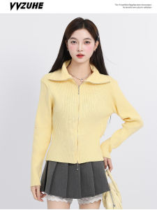 เสื้อคาร์ดิแกนถักแขนยาวคอตั้งแบบมีซิปคู่สไตล์เกาหลีสำหรับผู้หญิง ฤดูใบไม้ร่วง 2025 เสื้อสเวตเตอร์สั้นแบบอเนกประสงค์ เสื้อคลุมผู้หญิง