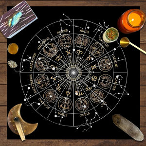 VIKAMA Astrology Ceremony Tablecloth Black on White Zodiac Waterproof Stain Resistant Meditation Divination Energy Healing