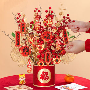 Long Artificial Flower for Home Office Party Hotel Table Vase Chinese New Year Table Decor - Red 福桶摆件