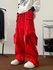 HipHop American High Street Red Cargo Pants Men and Women Niche Loose Drawstring Ankle-Tied Casual Straight Pants Large Pocket