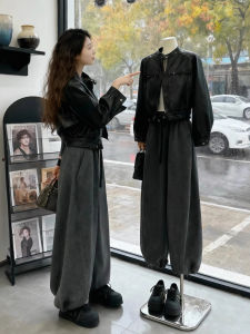 XUECAIQI | Cool Style Leather Jacket and Wide Leg Pants Two-Piece Set