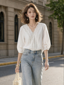 OSA | French Lace V-Neck White Blouse Shirt