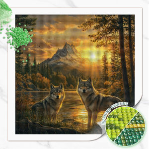 Huacan Full Square Round Diamond Painting Wolf Sunset Diamond Mosaic Animal Landscape Art Decorative Paintings