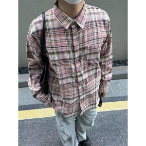 Cleanfit American Pink Gingham Shirt Men Fancy Handsome Vintage Retro Loose Shirt Coat