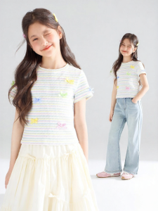 MUCMUKN | High Elasticity Breathable Bow Short Sleeve Striped T-Shirt Girls