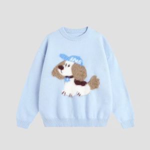 Retro American Furry DogKnobknit Casual Female Sweatshirt Floral Knitted Knitwear Jacket Outerwear Base Layer T Neck Pullover