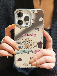 Cute Mirror Dog Family iPhone 15 pro Max 13 pro 11 XS Max 12 Trendy 15 plus Acrylic Protective Phone Case Female Style Anti-Fall