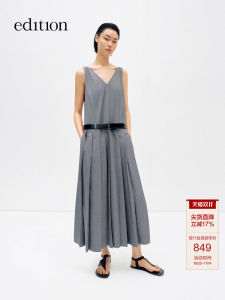 Elegant V-neck Sleeveless Womens Dress with Belted Skirt Polyester Wool Nylon Long Skirt No-sleeve Summer New Edition Dress