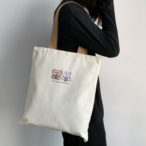 Cute Cartoon Bear Rabbit Canvas Bag Large Capacity Single Shoulder Handbag Commuting Work Bag Youth Fashion Spring 2024